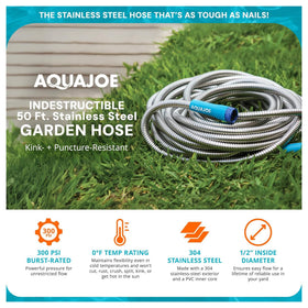 Aqua Joe hose with aluminum fittings and bend restrictor helps prevent leaks and kinks.