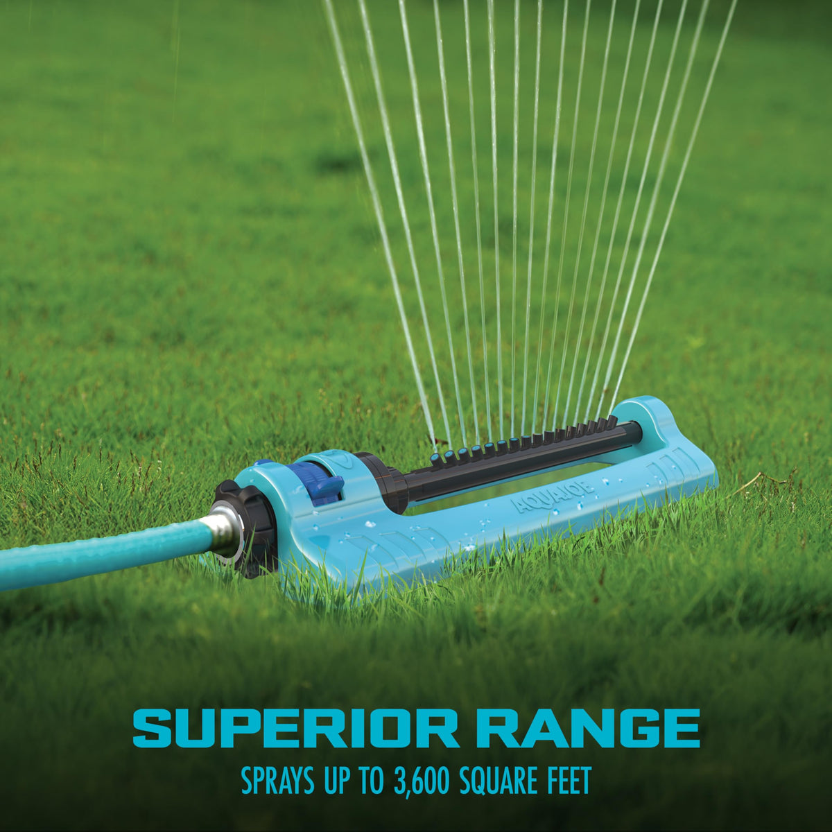 Aqua Joe sprinkler connected to a standard garden hose for quick setup.