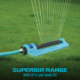 Aqua Joe sprinkler connected to a standard garden hose for quick setup.