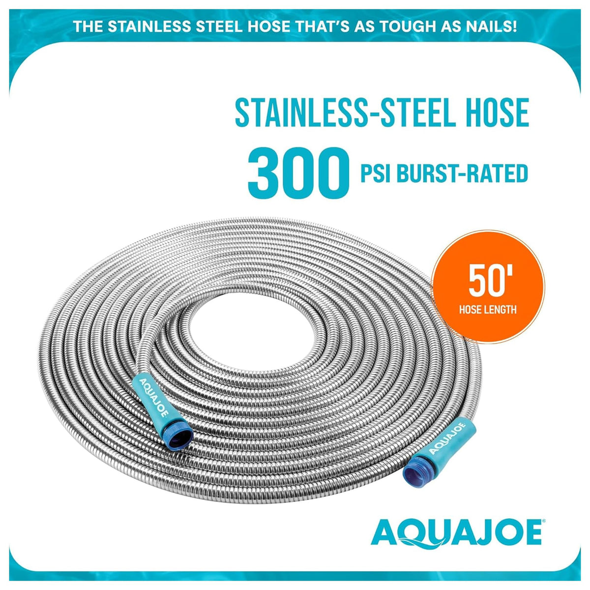 Aqua Joe hose features PVC inner core for smooth water flow around corners.