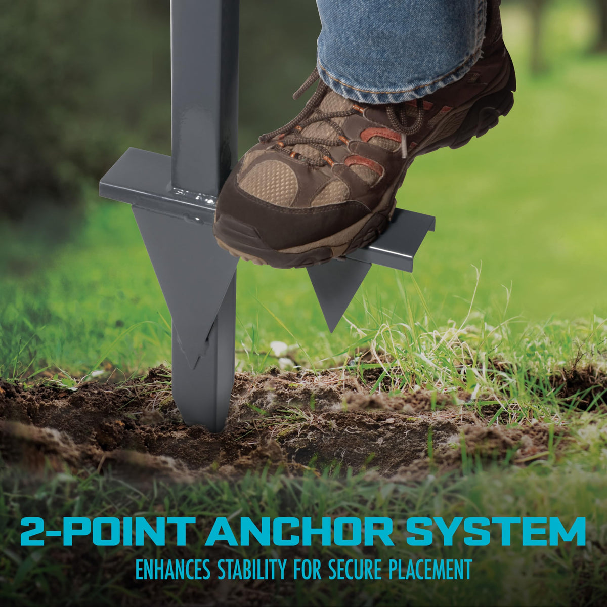 Aqua Joe two-point anchor base securing hose stand in soil.