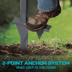 Aqua Joe two-point anchor base securing hose stand in soil.