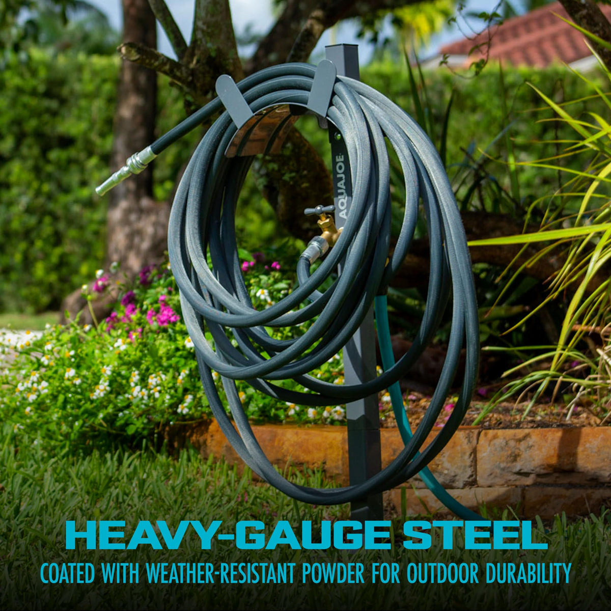 Aqua Joe 42.5-inch pole with hose storage, tidy yard.