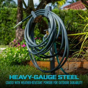 Aqua Joe 42.5-inch pole with hose storage, tidy yard.