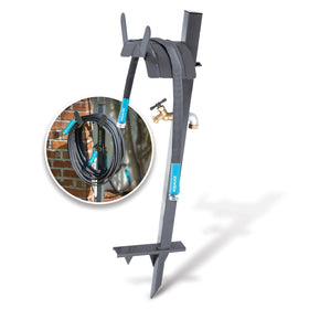 Aqua Joe hose stand with brass faucet, front view for easy water access.