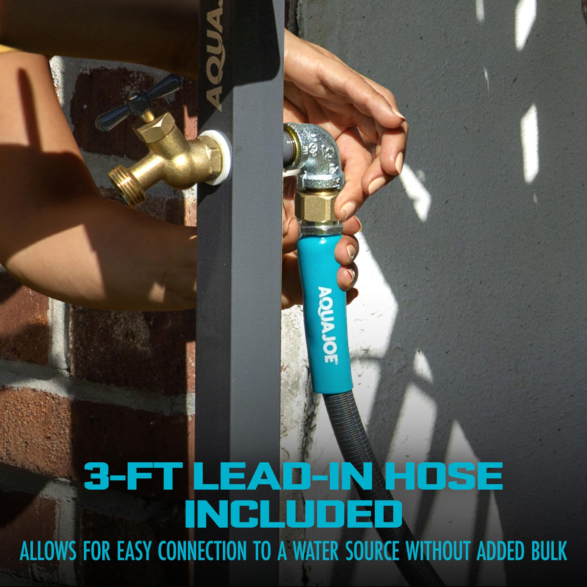 Aqua Joe hose stand with brass faucet, side view highlighting sturdy steel construction.