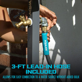 Aqua Joe hose stand with brass faucet, side view highlighting sturdy steel construction.