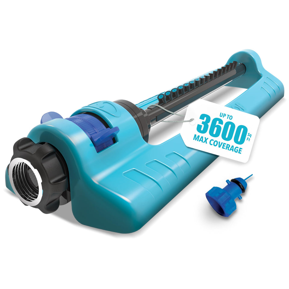 Aqua Joe oscillating sprinkler with a durable metal base securing even irrigation.