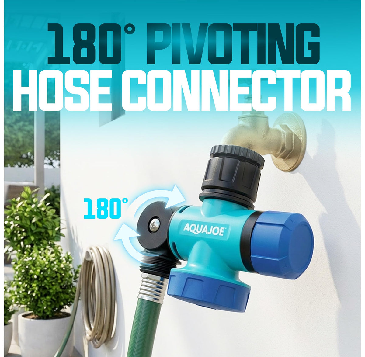 Aqua Joe SJI-MFGA1 180-degree pivoting hose connector for flexible reach.
