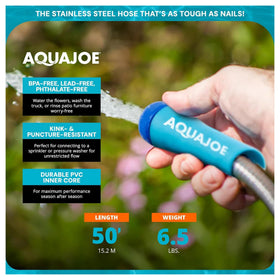 Aqua Joe stainless steel hose puncture-proof layer protects against wear during outdoor use.