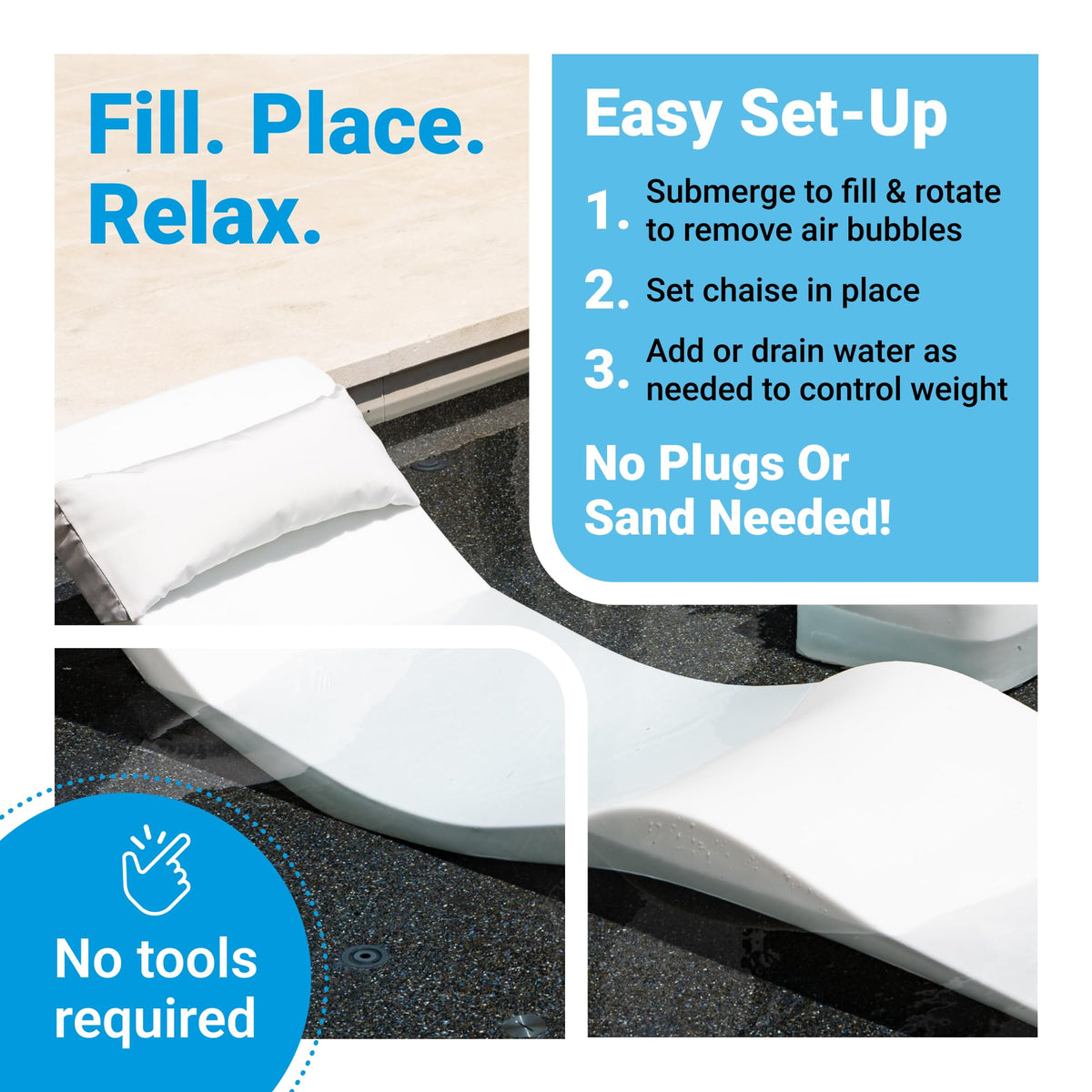 Aqua Outdoors UV-resistant resin emphasizes durability against sun and chemicals.
