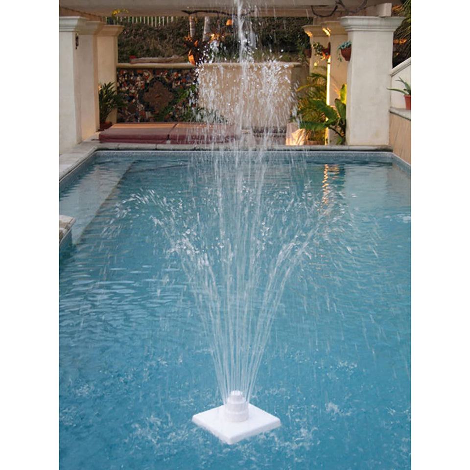 Aqua Select floating three-tier white Grecian fountain creating pool ambiance.