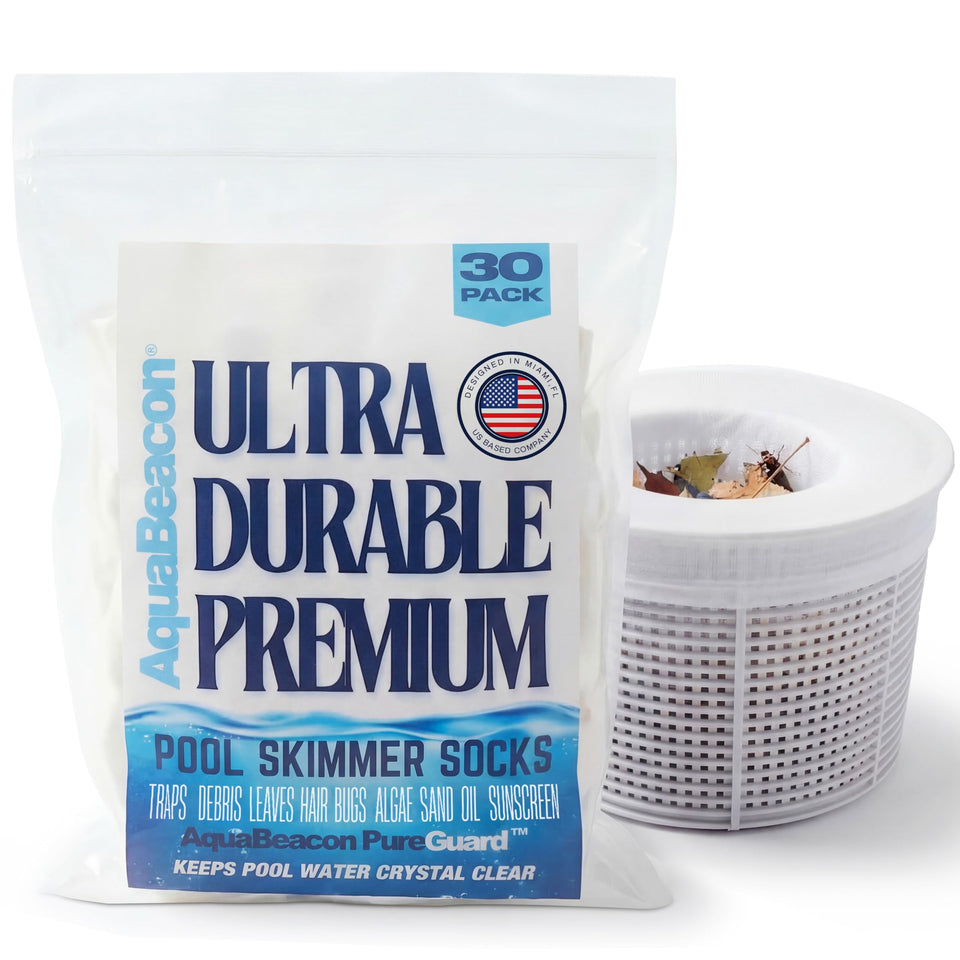 Aquabeacon premium 30-pack skimmer sock traps leaves and debris for cleaner pools.