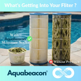 Aquabeacon PureGuard skimmer sock in use reduces clog risk in baskets.