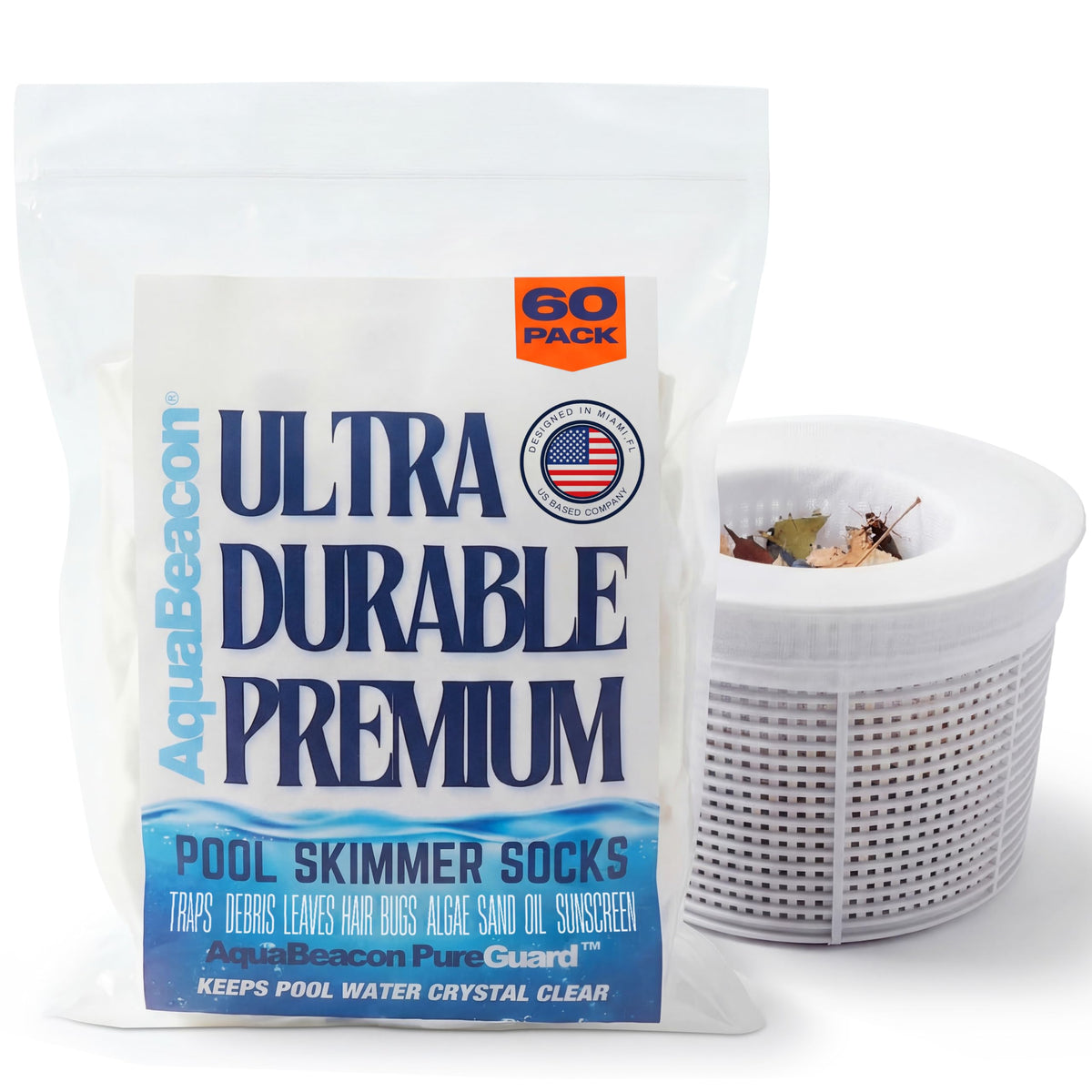 Aquabeacon skimmer sock packaging, 60-pack, ideal for pool maintenance.