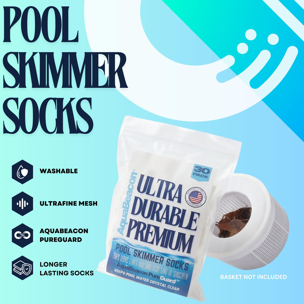 Aquabeacon ultrafine mesh skimmer sock close-up captures fine particles.