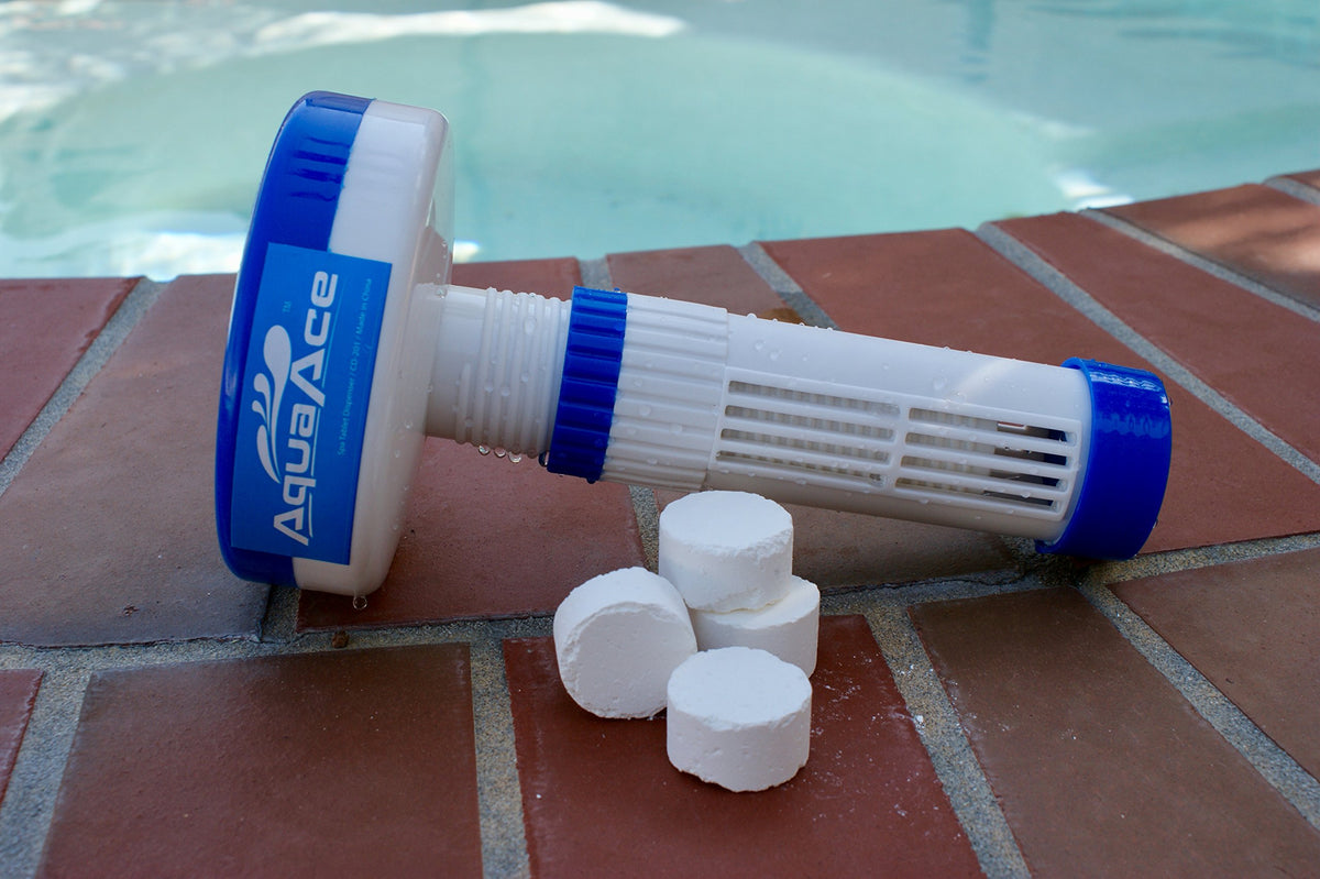 AquaAce floater loaded with 1-inch tablets ready for easy DIY sanitation.