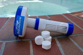 AquaAce floater loaded with 1-inch tablets ready for easy DIY sanitation.