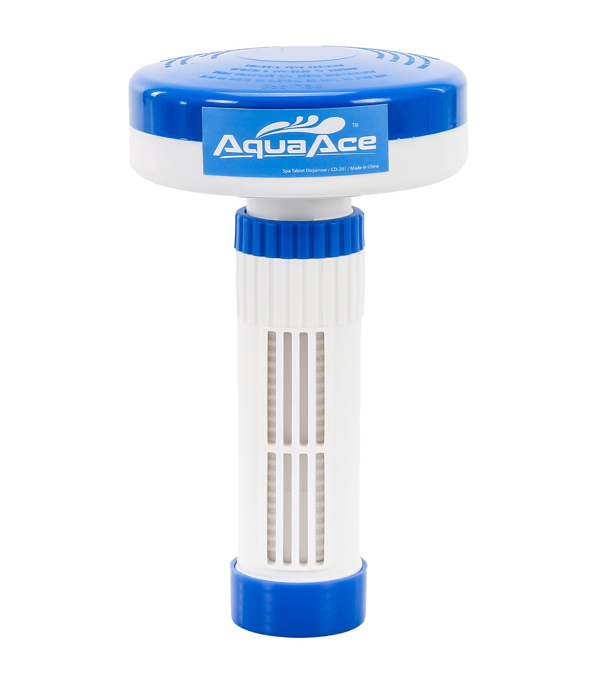 A AquaAce premium floater dispenser with visible 1-inch tablet chamber for reliable sanitation.