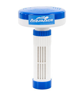A AquaAce premium floater dispenser with visible 1-inch tablet chamber for reliable sanitation.