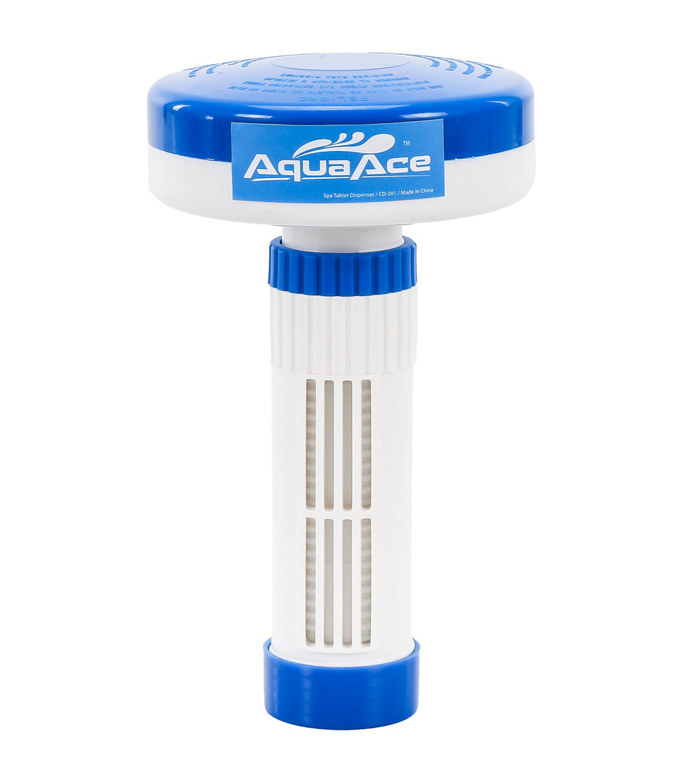 A AquaAce premium floater dispenser with visible 1-inch tablet chamber for reliable sanitation.