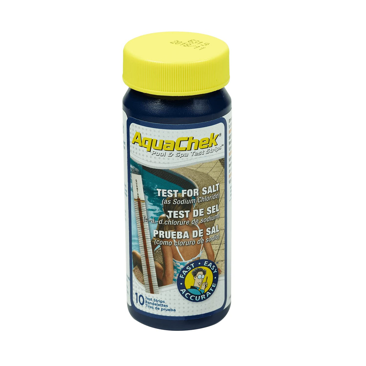 AquaChek salt test strip being dipped for quick pool readings.