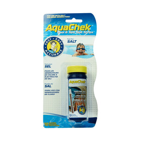 AquaChek salt test strip displays ppm readout after immersion.