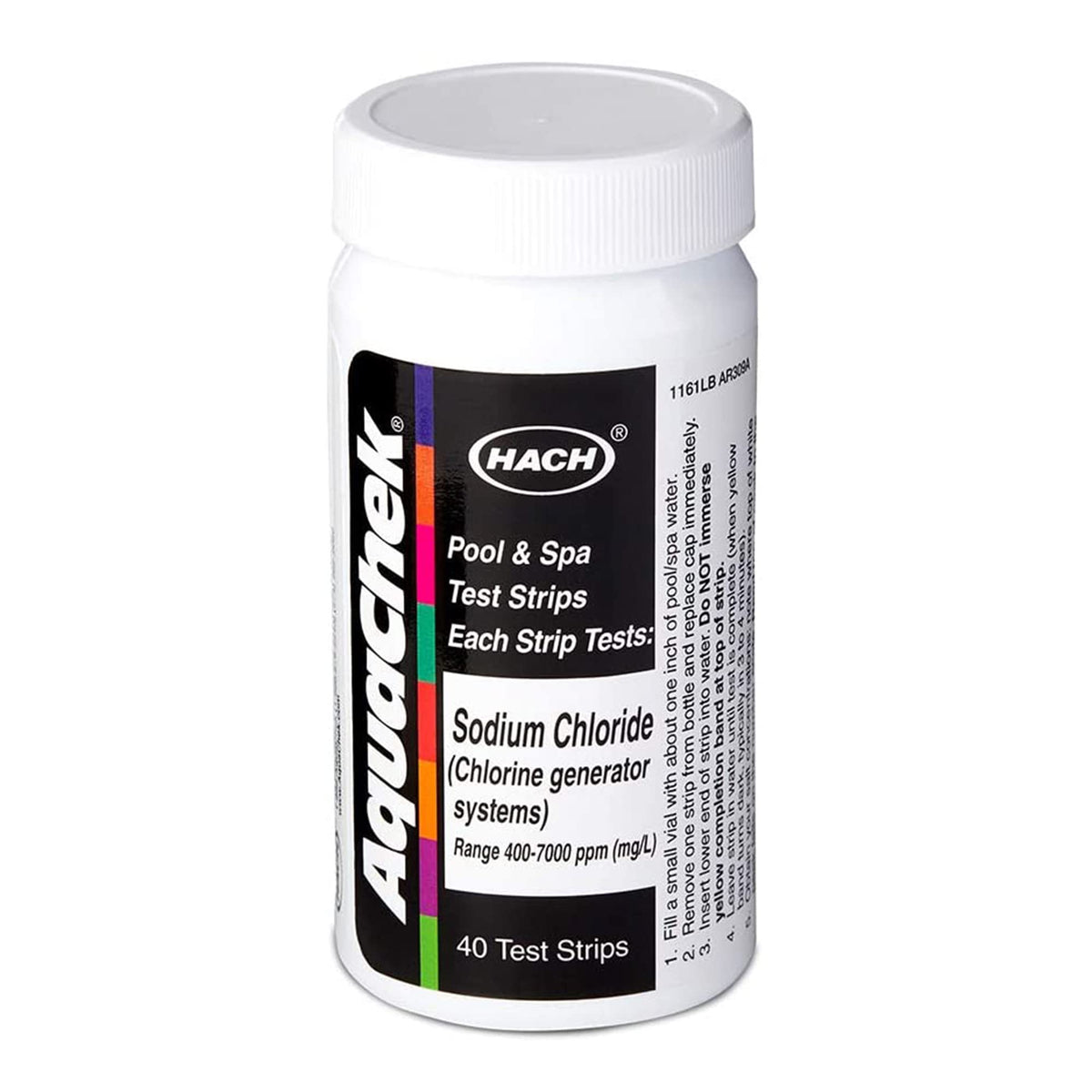 AquaChek Salt Titrator strip with bottle showing color readings for pool salt.