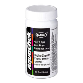 AquaChek Salt Titrator strip with bottle showing color readings for pool salt.
