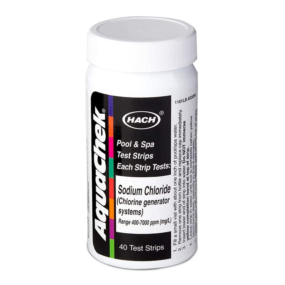 AquaChek Salt Titrator strip with bottle showing color readings for pool salt.