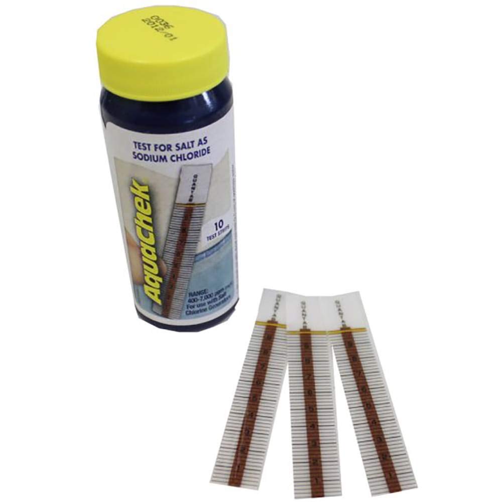 AquaChek test strips dipped in pool water for fast salt readings.