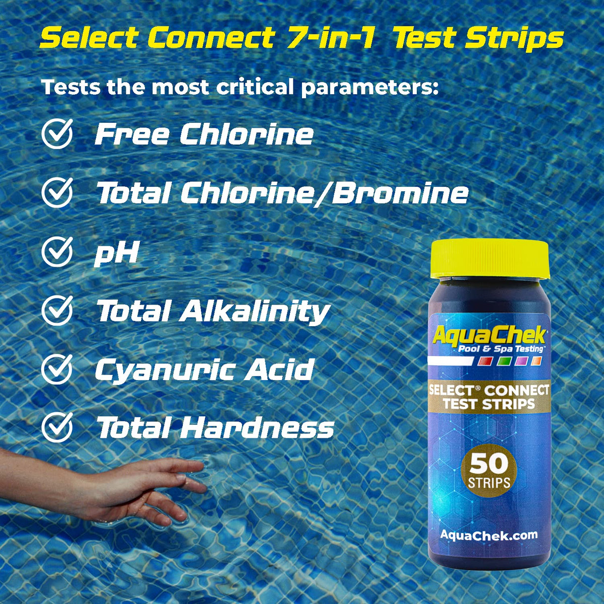AquaChek Connect app on smartphone interpreting test results.