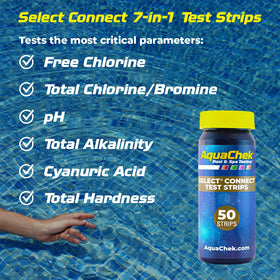 AquaChek Connect app on smartphone interpreting test results.