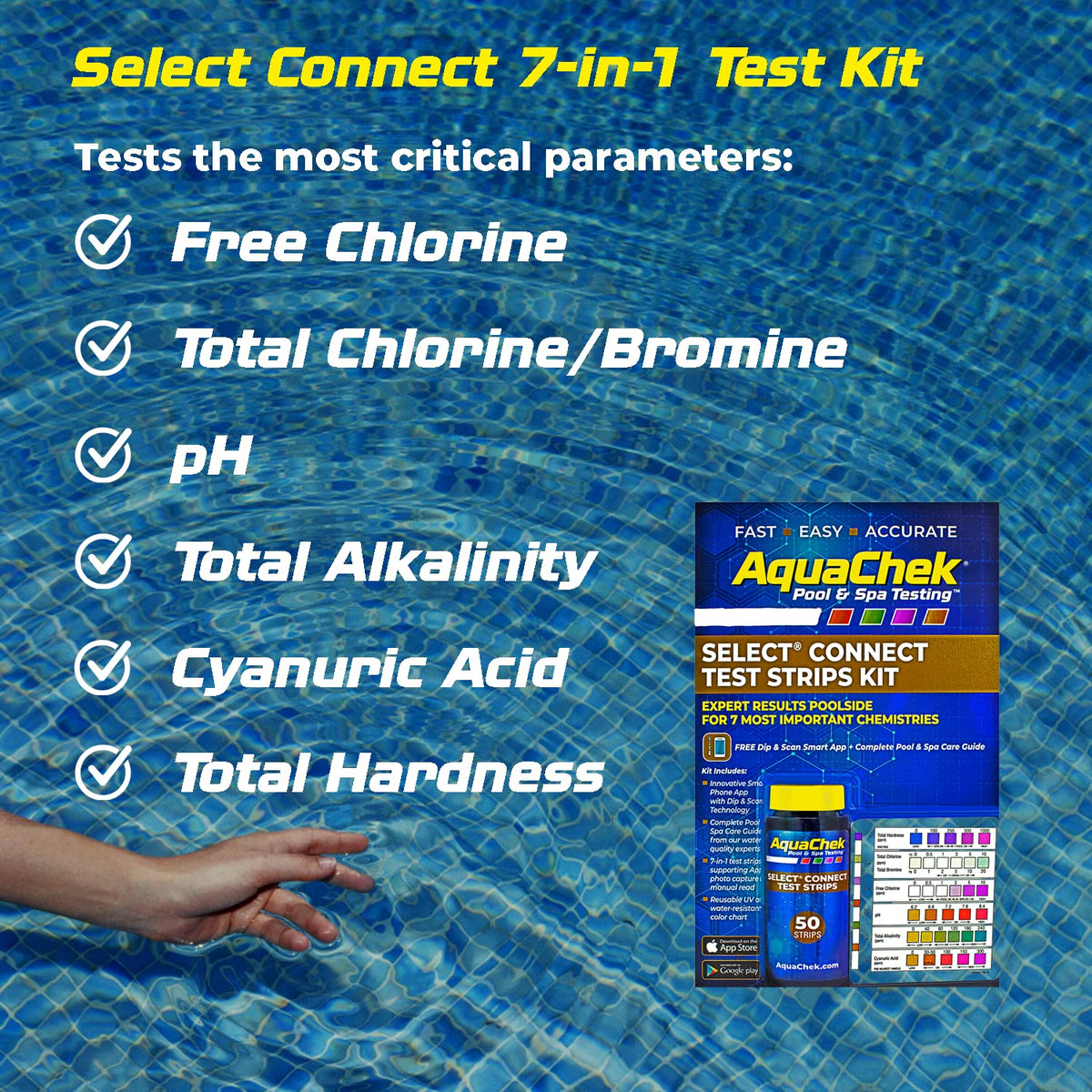 Dip-and-read AquaChek strips with color chart for easy testing.