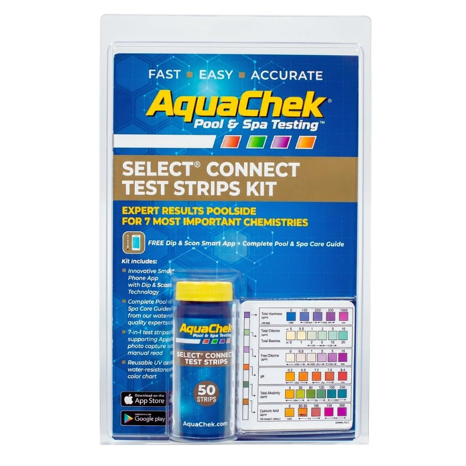Close-up of AquaChek Select Connect test strips for quick, accurate pool readings.