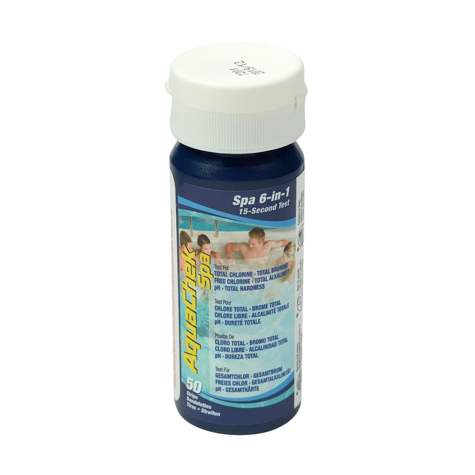AquaChek SPA 6-in-1 test strips bottle for quick at-home spa water testing.