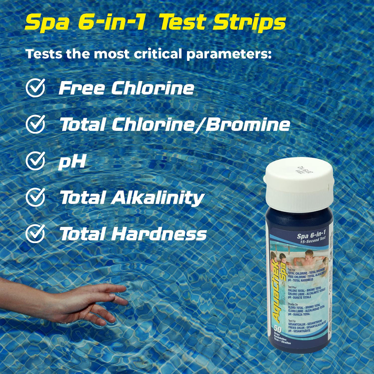 AquaChek SPA strip being dipped for fast chlorine and pH results.