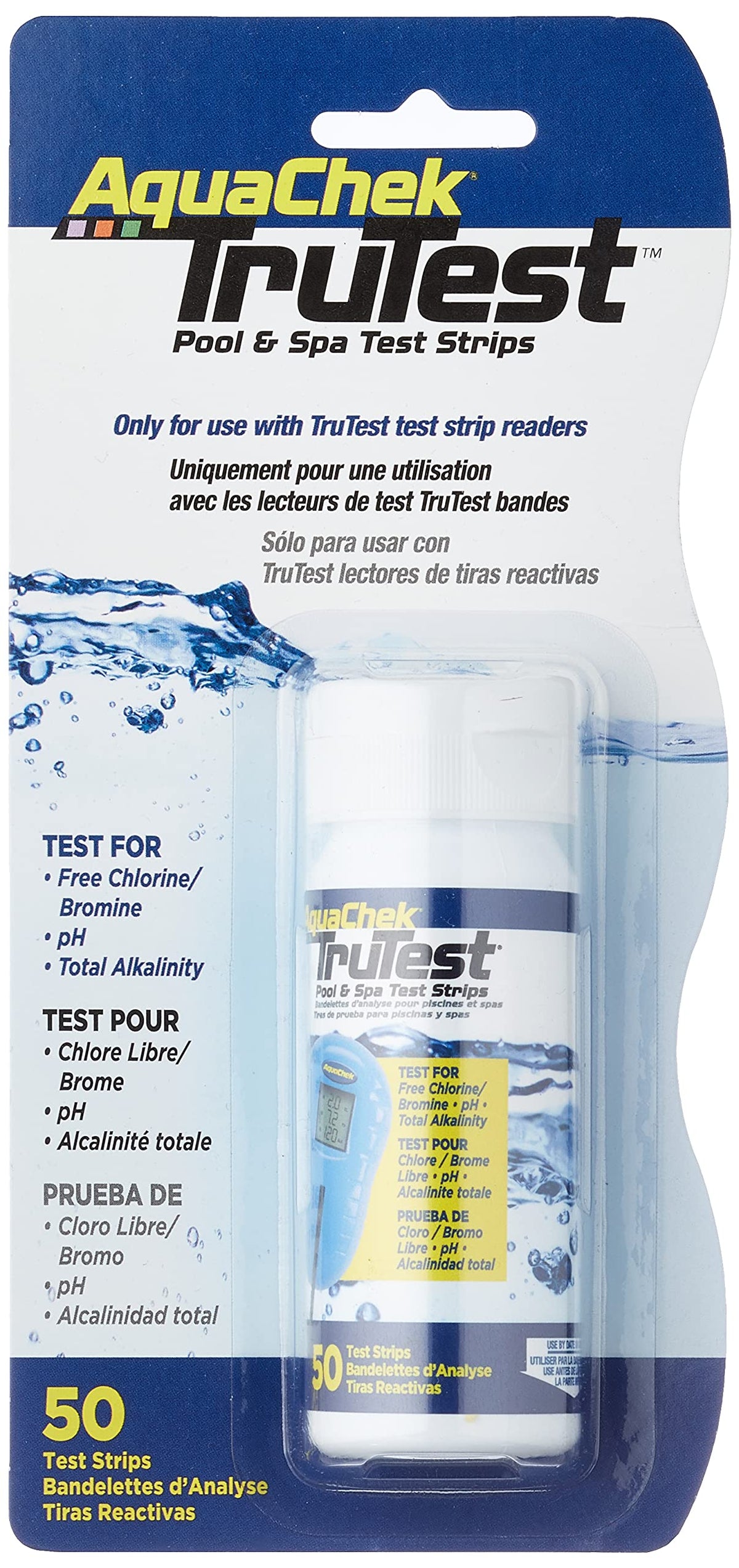 AquaChek TruTest refill strips with a pool water sample for testing