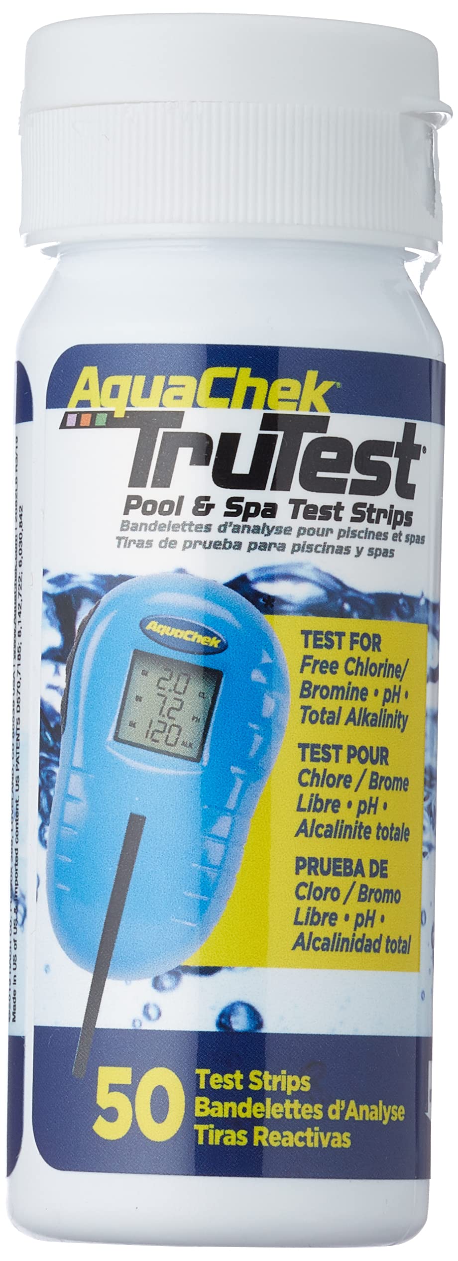 AquaChek TruTest refill strips being dipped for quick pool parameter check
