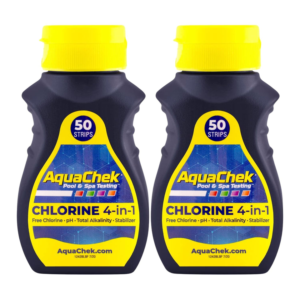 AquaChek Yellow 4-Way bottle close-up for quick, accurate pool testing.