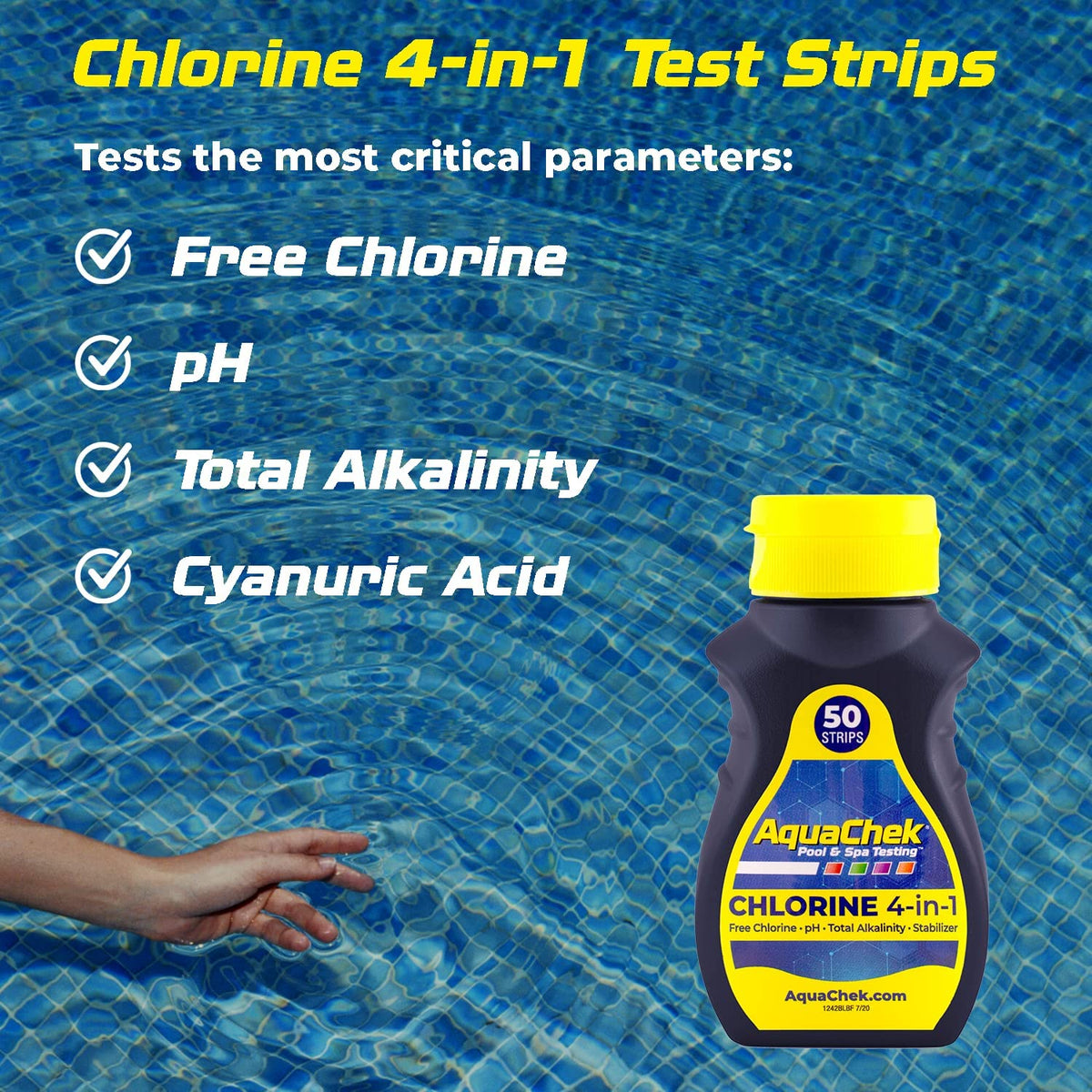 AquaChek Yellow strip reading shows fast results with four parameters.