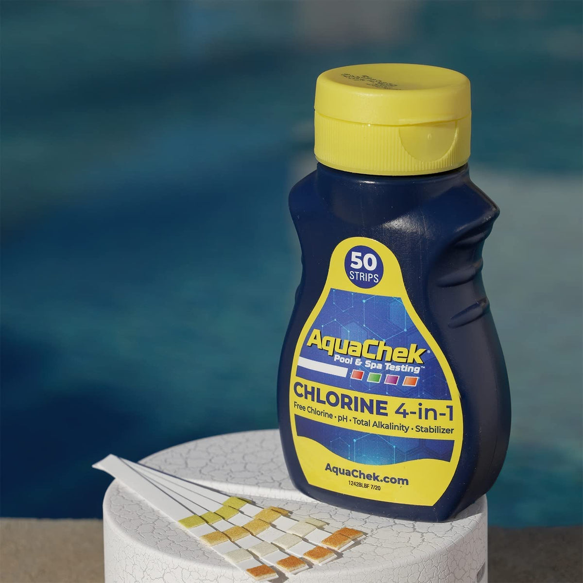 AquaChek Yellow test strip dipping demonstrates simple pool testing.