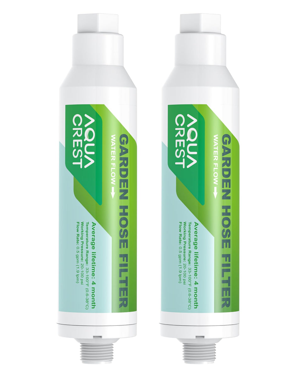 Aqua Crest garden hose filter unit attached to a hose for cleaner irrigation