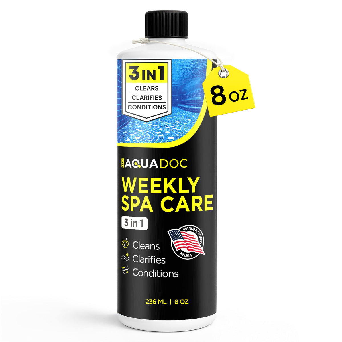 AquaDoc 3in1 bottle pour shows simple weekly dosing for clear spa water