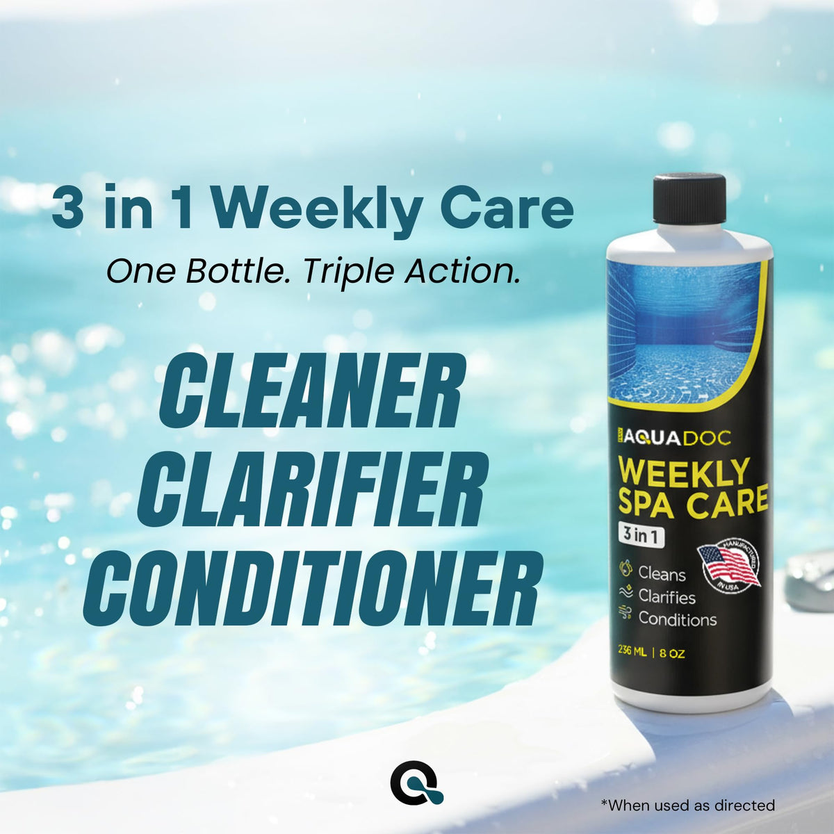 AquaDoc bottle label closeup highlights USA-made formula for consistent spa results