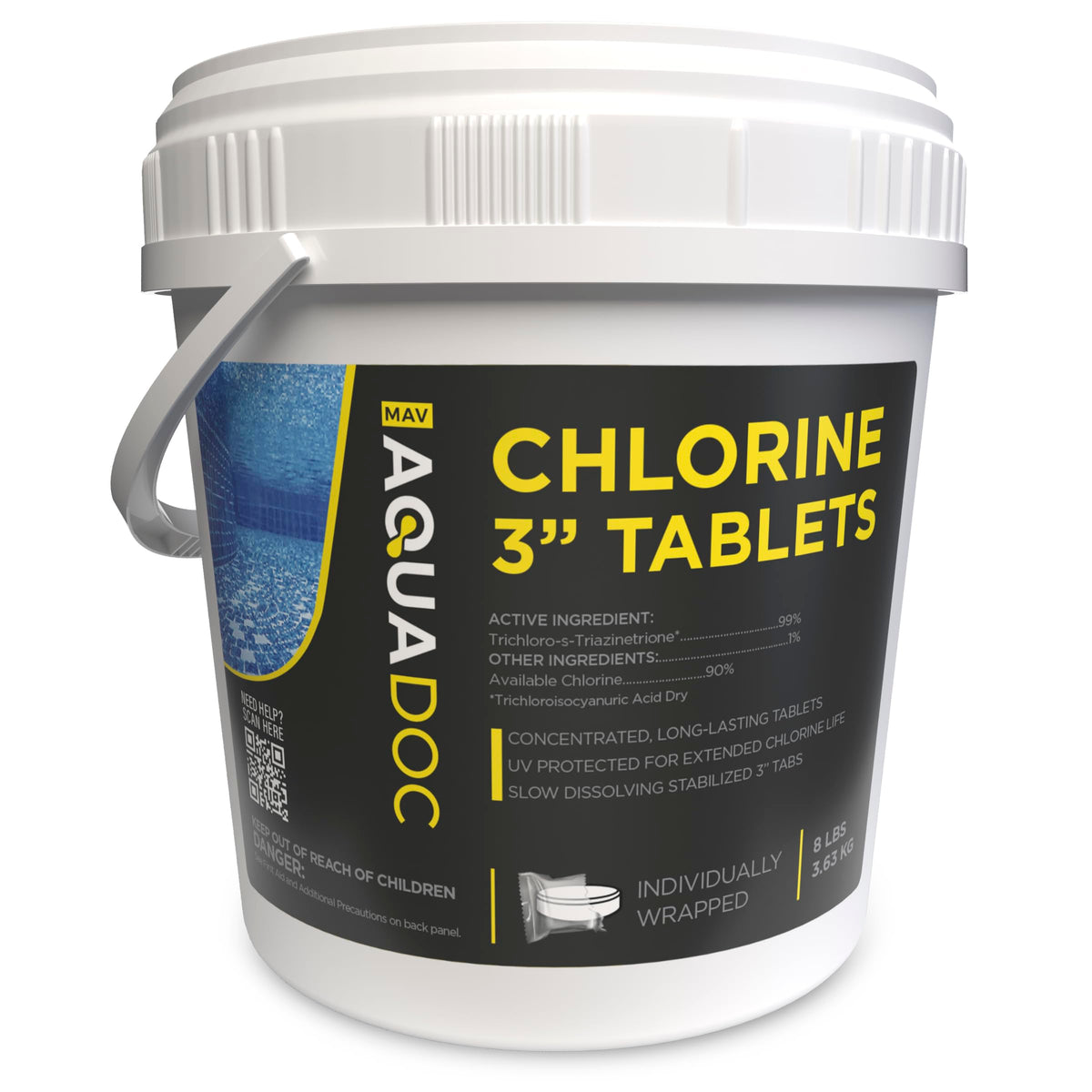 MAV AquaDoc chlorine tablets 3-inch bucket closeup showing 8 lb size for steady pool sanitation