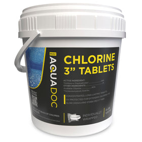 MAV AquaDoc chlorine tablets 3-inch bucket closeup showing 8 lb size for steady pool sanitation