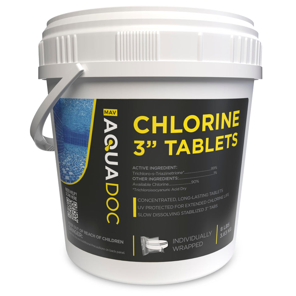 MAV AquaDoc chlorine tablets 3-inch bucket closeup showing 8 lb size for steady pool sanitation