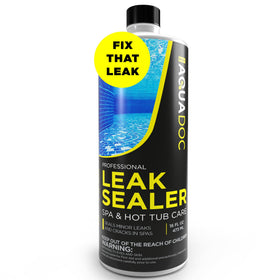 AquaDoc hot tub leak sealer bottle pour shows easy application for minor leaks