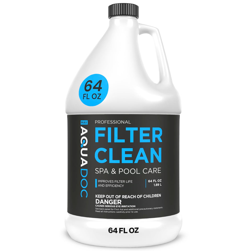 AquaDoc Spa Filter Cleaner bottle for deep-cleaning spa filters to improve efficiency